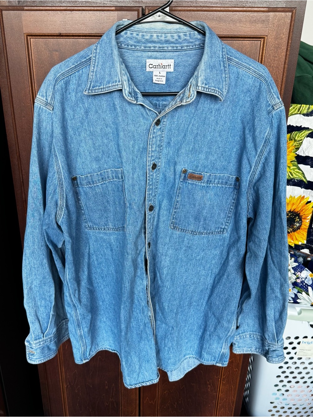 Carhartt Vintage Worn In Blue Denim Long Sleeve Button-Down Work Shirt Men's L